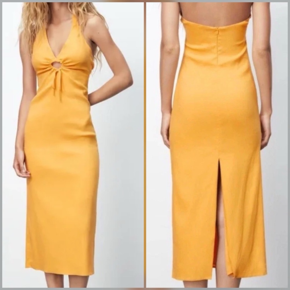 Zara Tangerine Halter Maxi Dress Front Cut-Out Linen Blend Open Back Size M